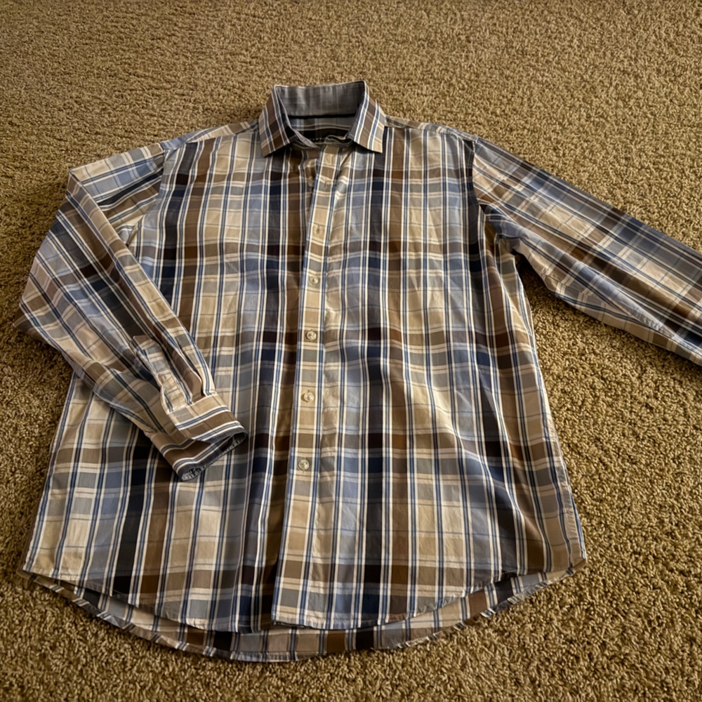Tasso Elba Brown and Blue Casual Button Down Shirt